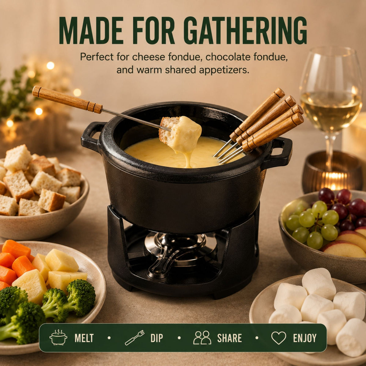 Alva Nori Enameled Cast Iron Fondue Set, 2-Qt