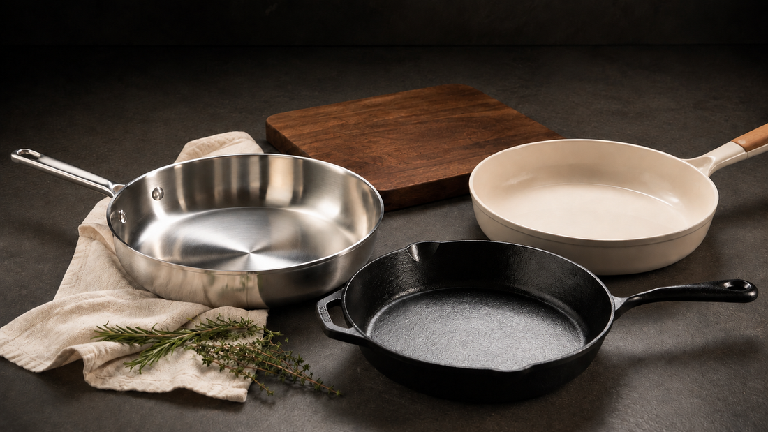 Stainless steel, cast iron, and ceramic cookware arranged with natural linen and fresh herbs on a dark stone surface