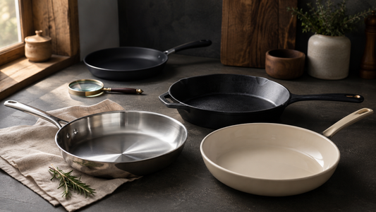 Stainless steel, cast iron, ceramic, and coated cookware arranged with a magnifying glass on a dark kitchen surface