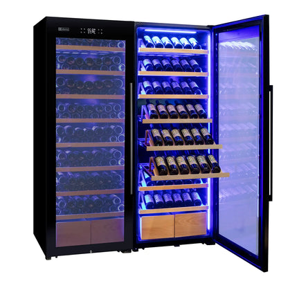 Allavino Cascina Series 496 Bottle Dual Zone Freestanding Wine Refrigerator with Display Shelving and Black Glass Doors - Side-by-Side