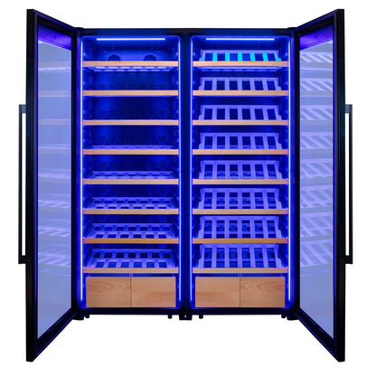 Allavino Cascina Series 496 Bottle Dual Zone Freestanding Wine Refrigerator with Display Shelving and Black Glass Doors - Side-by-Side