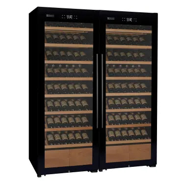 Allavino Cascina Series 496 Bottle Dual Zone Freestanding Wine Refrigerator with Display Shelving and Black Glass Doors - Side-by-Side