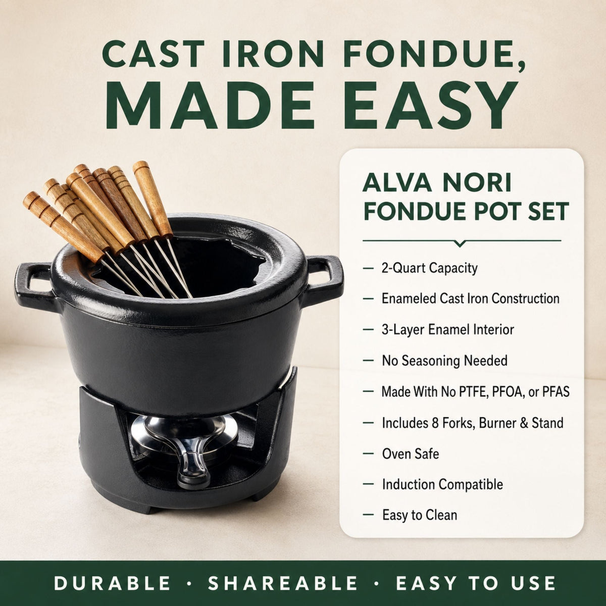 Alva Nori Enameled Cast Iron Fondue Set, 2-Qt