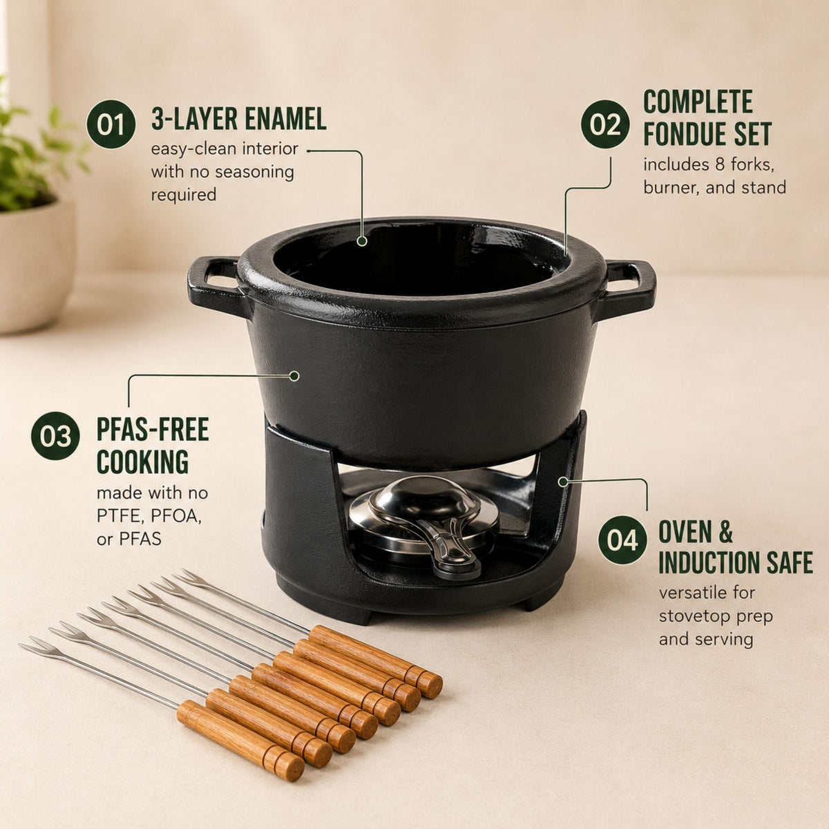 Alva Nori Enameled Cast Iron Fondue Set, 2-Qt