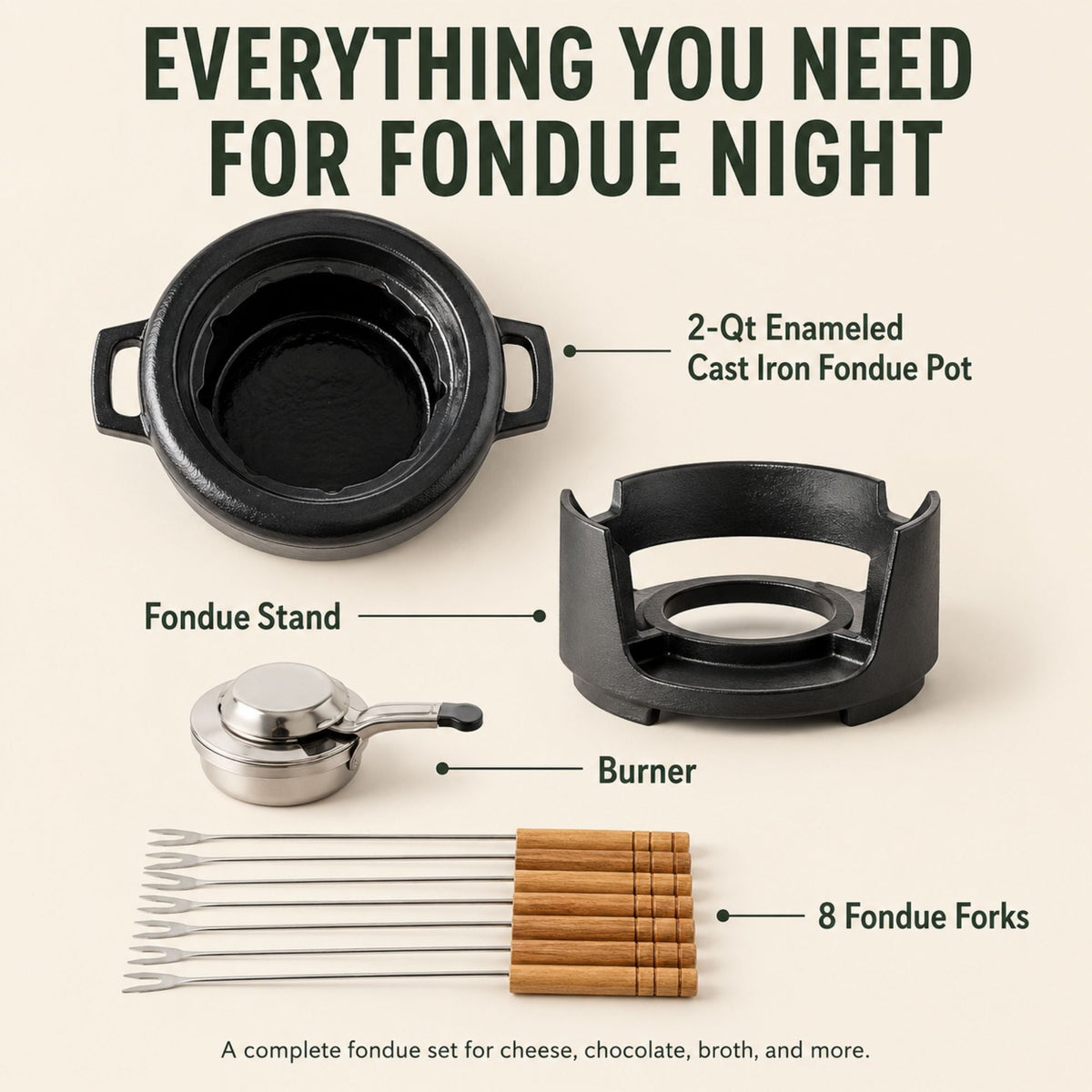 Alva Nori Enameled Cast Iron Fondue Set, 2-Qt